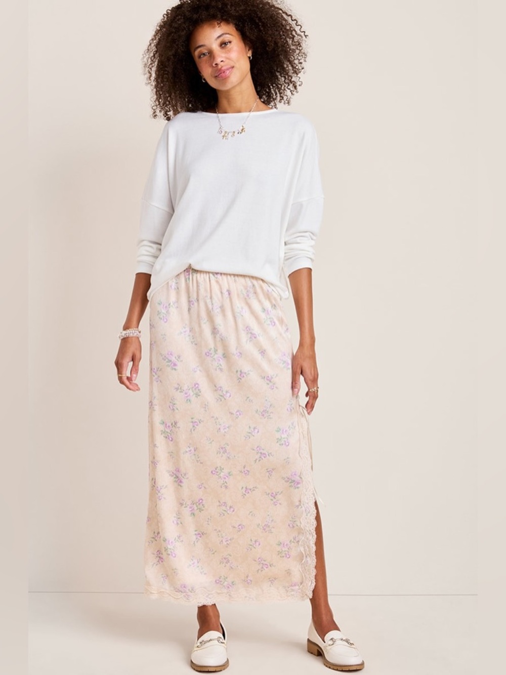 Francesca’s Abby Floral Satin Midi Skirt